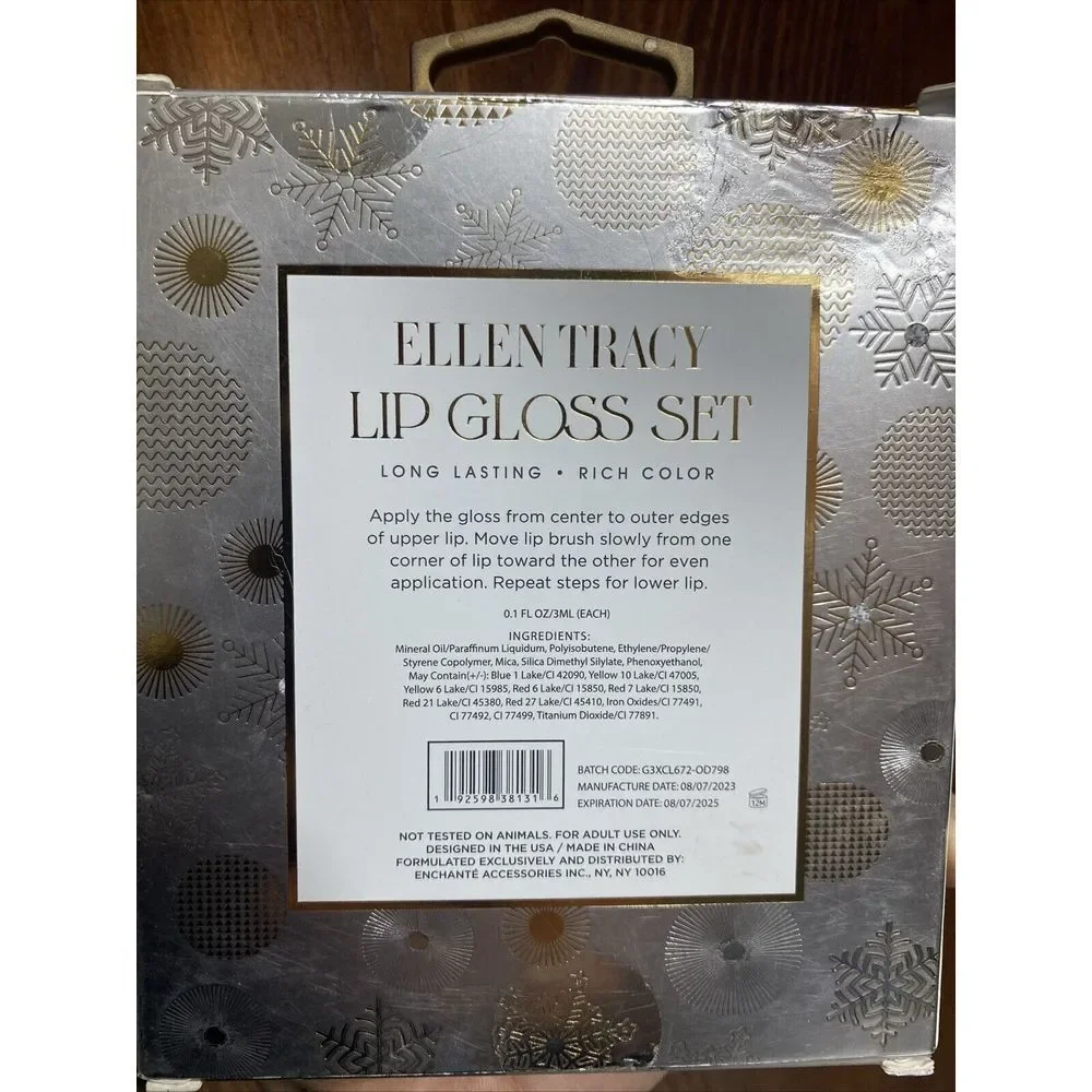 Ellen Tracy Lip Gloss Set 4pc‎ Each 0.10oz NIB Winter Pinks Snowflakes Diamonds